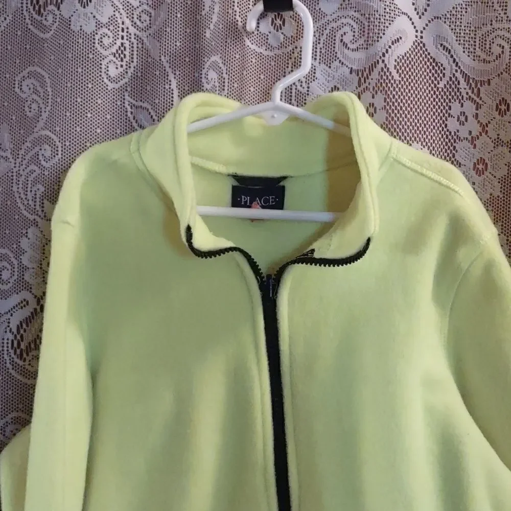 Place Kids 10-12 Neon green‎ Zip Fleece Jacket Pockets Thumb loop